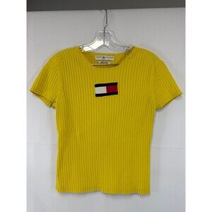 Tommy Hilfiger Sweater Women's Yellow Ribbed Round Neck Short Sleeve Logo Y2K